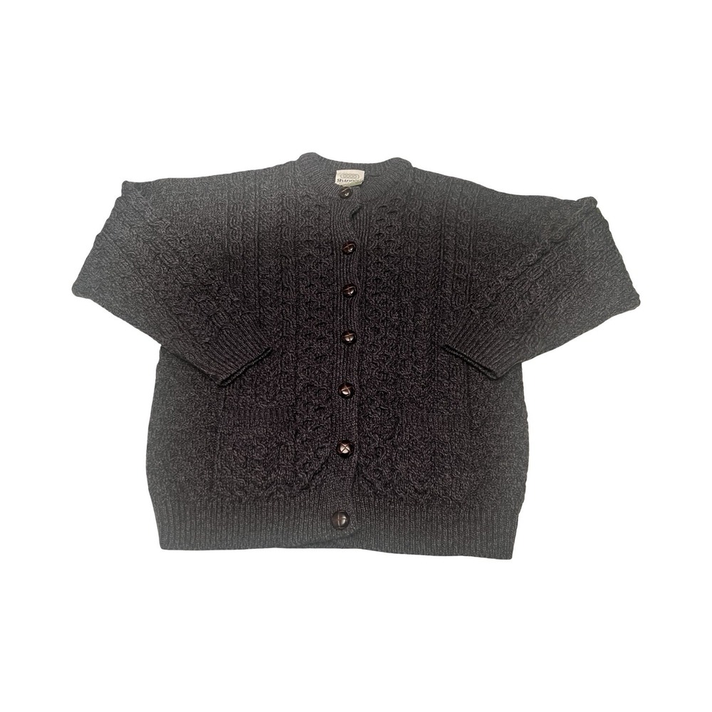 Shannon Woolen Mills Merino Wool Aran Fisherman Cardigan Grey Made‎ in Ireland M